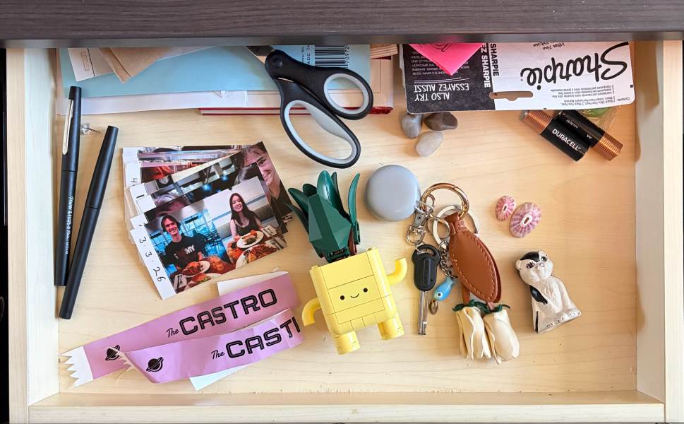 A drawer with scattered objects
