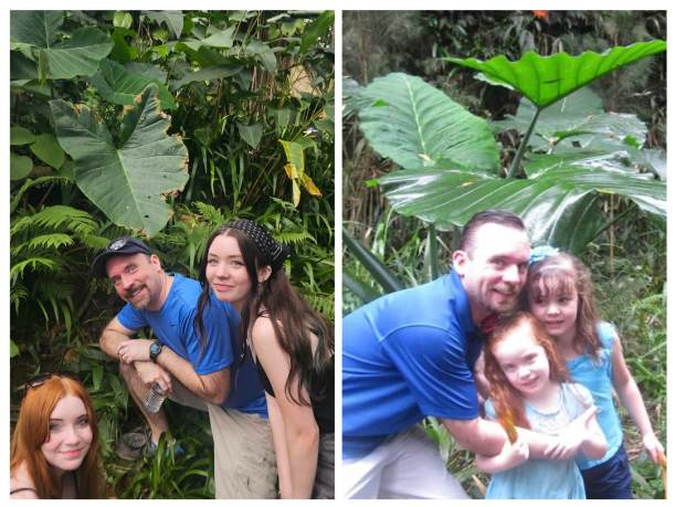 dad, sister and i before and after time by the same plant